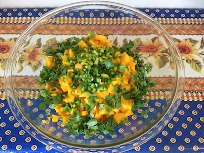 ingredients in bowl for fresh mango salsa